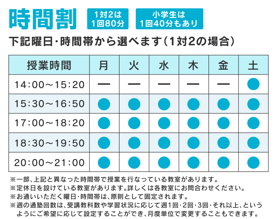 時間割 曜日・時間帯から選べます（1対2の場合）